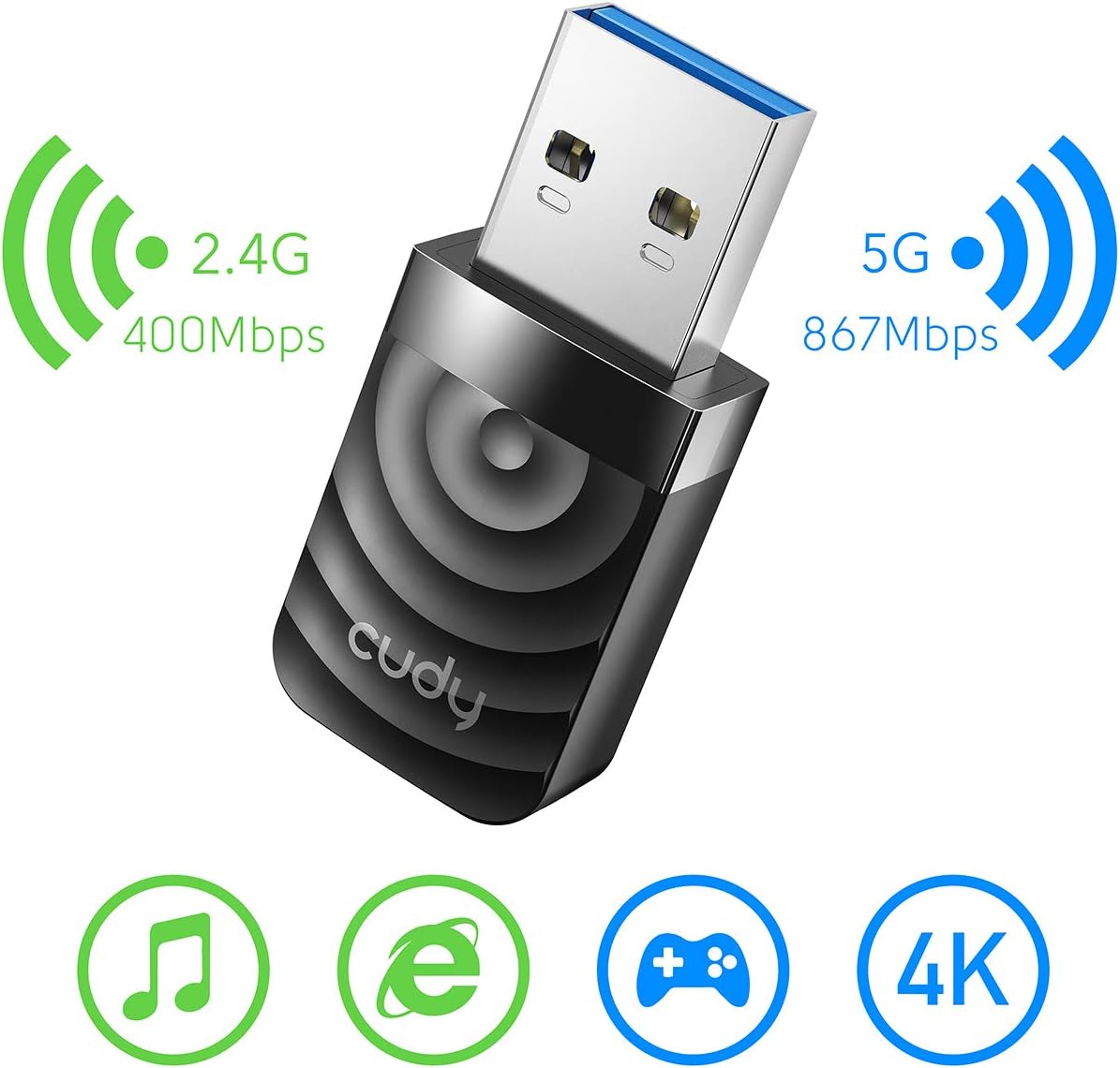 Cudy WU1300S AC1300 Wi-Fi USB 3.0 Adapter | 5Ghz/2.4Ghz, for Desktop/Laptop, Compatible with Windows 7/8/8.1/10/11, mac OS 10.6～10.15.3, Linux